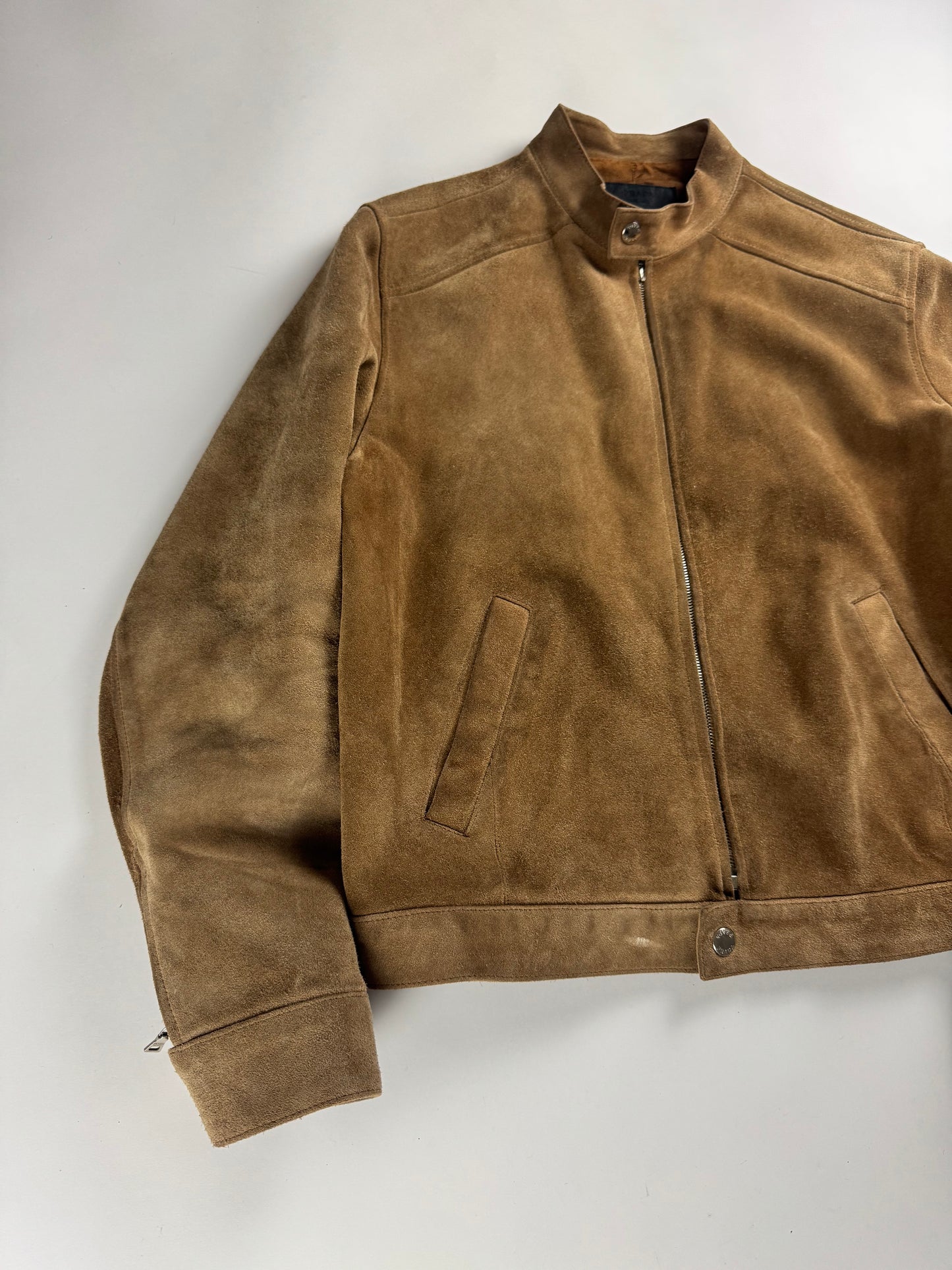 Prada Sample Tan Brown Suede Leather Zipper Moto Jacket FW 1996 - M