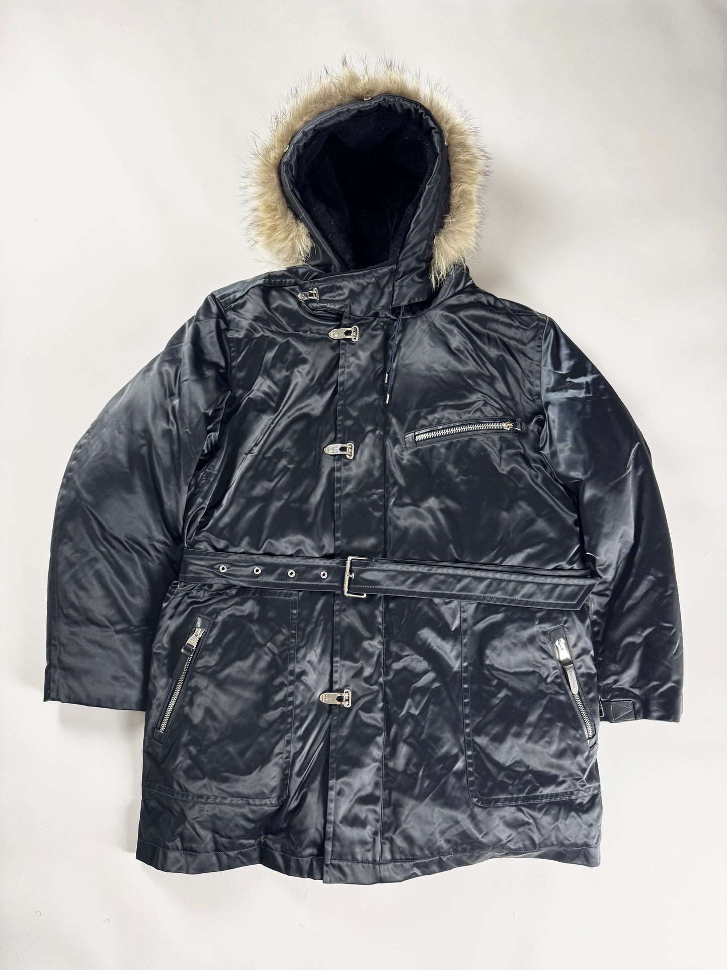 Louis Vuitton Dark Blue Goose Down Belted Parka Fur Hood Coat FW 2012 - XL