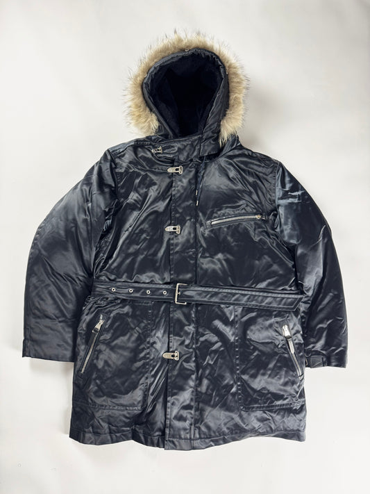 Louis Vuitton Dark Blue Goose Down Belted Parka Fur Hood Coat FW 2012 - XL