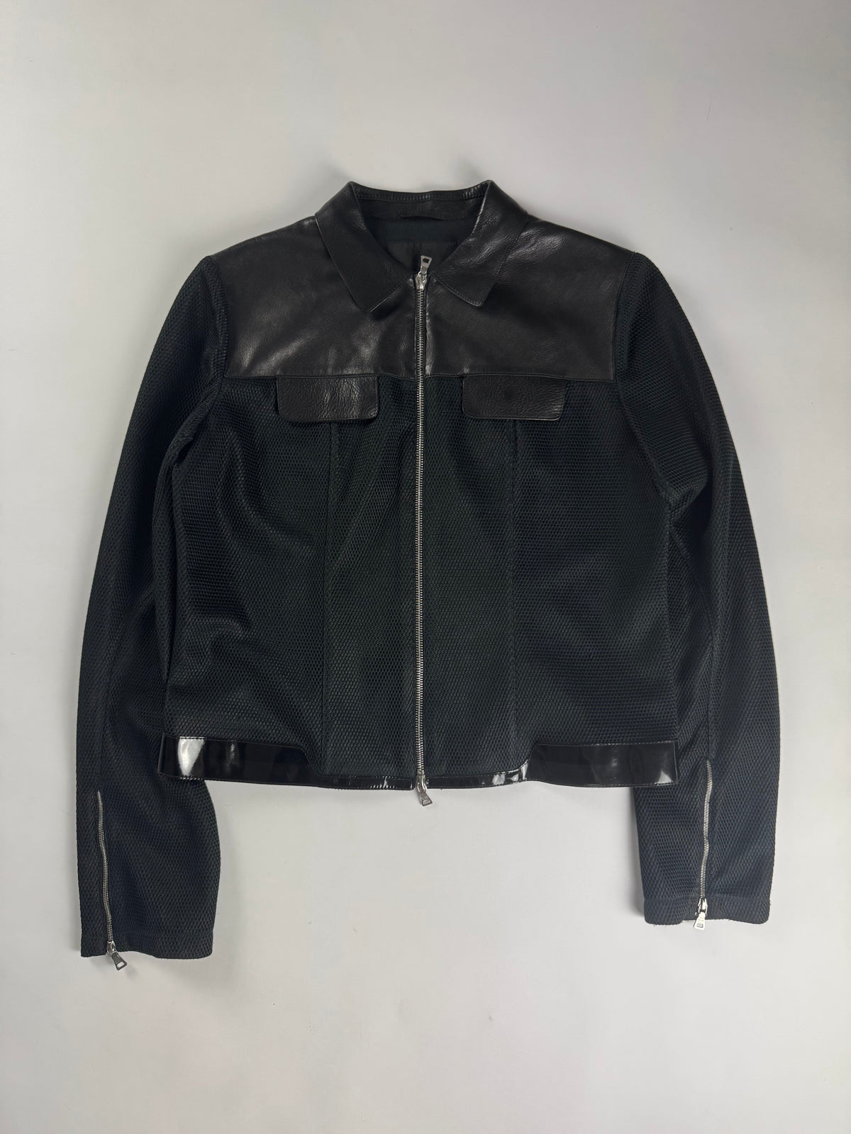 Prada Black Mesh Leather Duo Moto Jacket SS 1999 - S