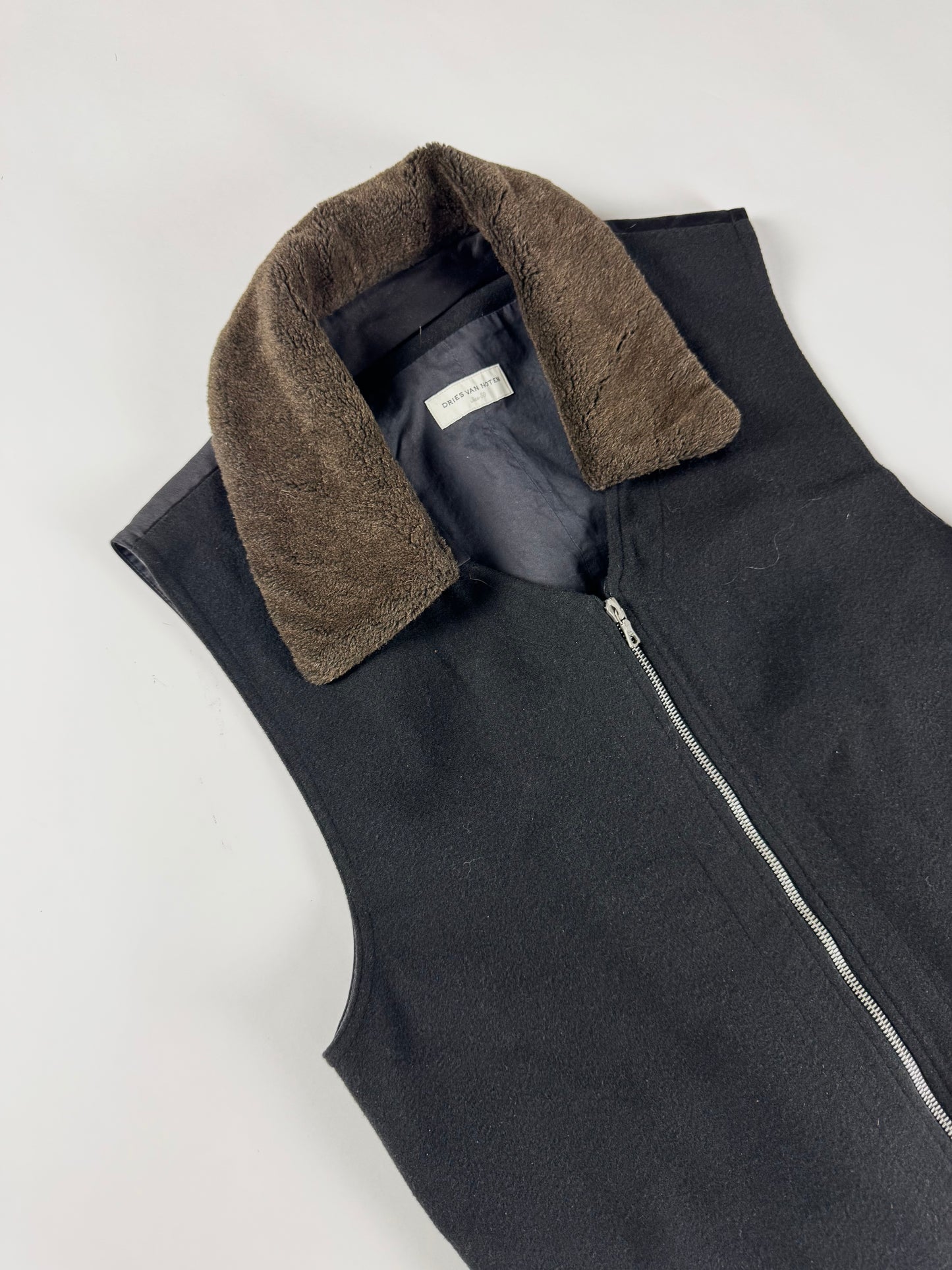 Dries Van Noten Black Wool Gilet Vest Sherpa Effect Collar - M
