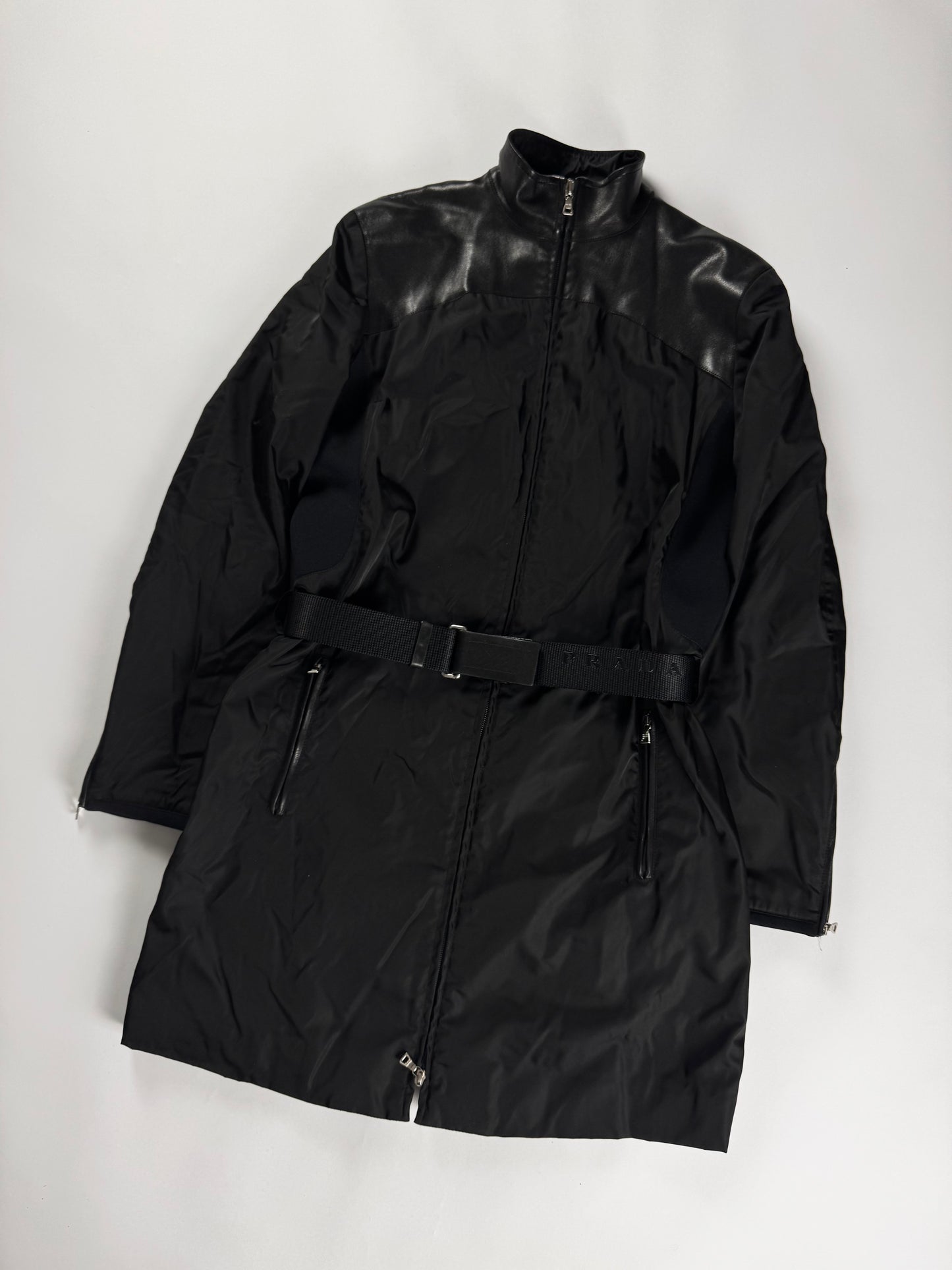 Prada Leather Shoulder Detail Strapped Belted Nylon Hooded Coat FW 1999 - S
