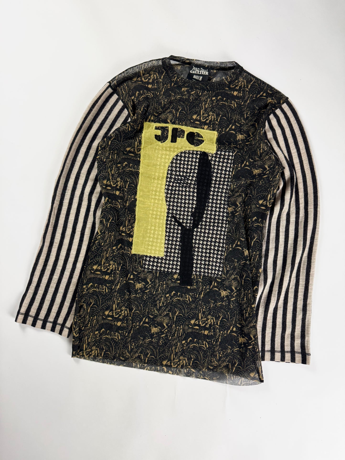 Jean Paul Gaultier Face Graphic Stripe Sleeves Mesh Top SS 2001 - M
