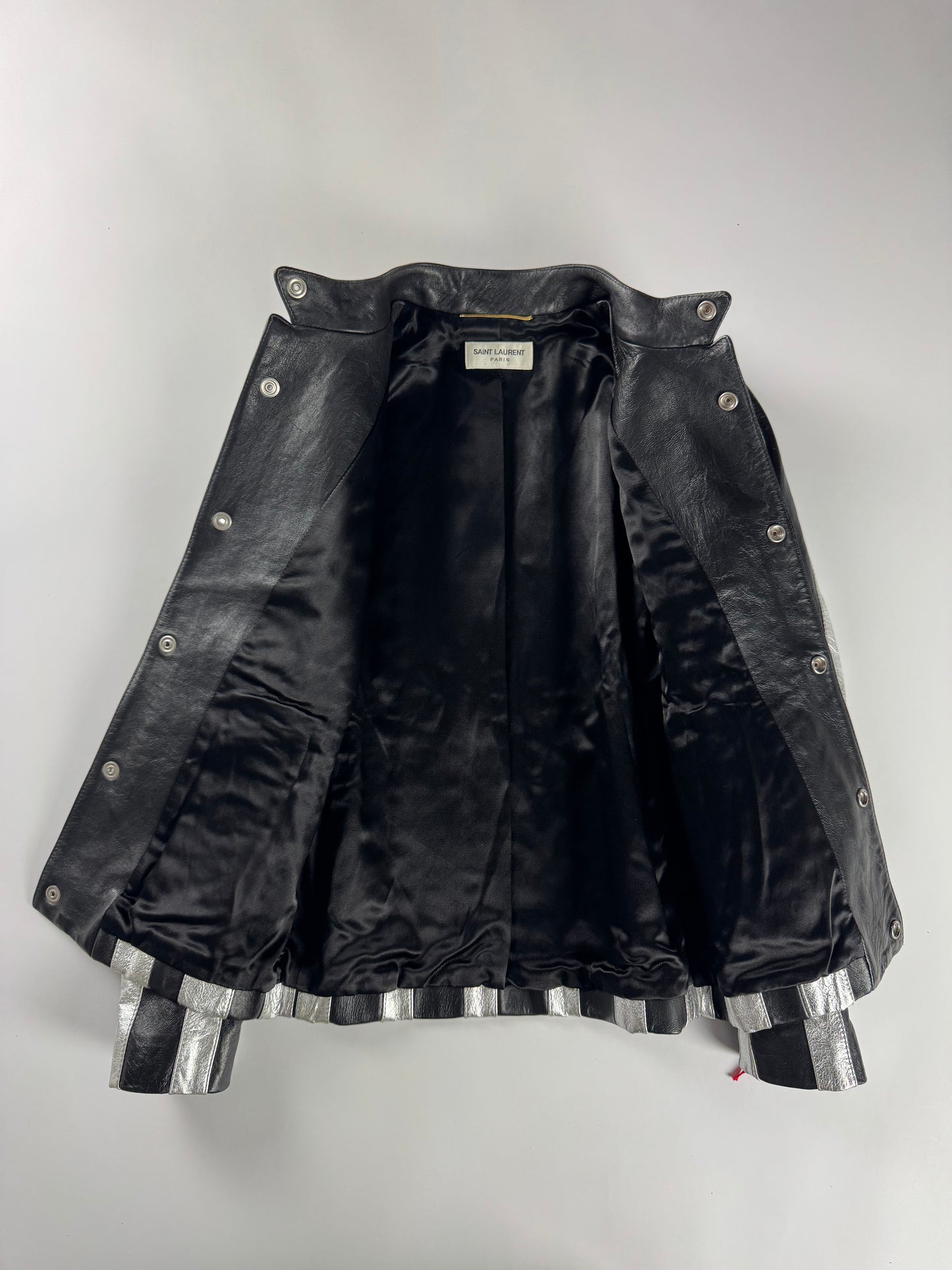 Saint Laurent Sample Metallic Silver Striped Leather Jacket Pre Fall 2015 - XS