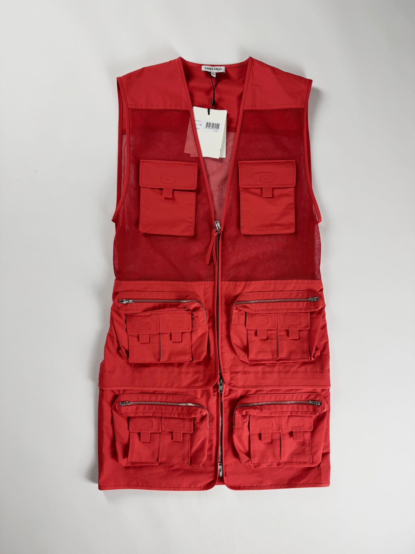 Kenzo Red Cotton Multi Pocket Utility Cargo Mesh Panel Zip Front Dress - S