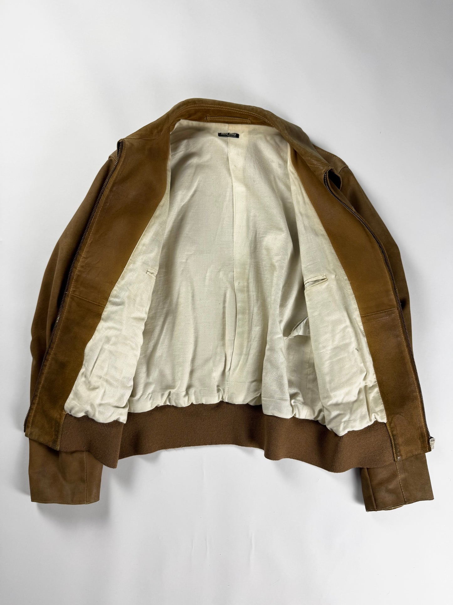 Miu Miu Camel Tan Leather Bomber Pointed Collar Jacket 2000s - M