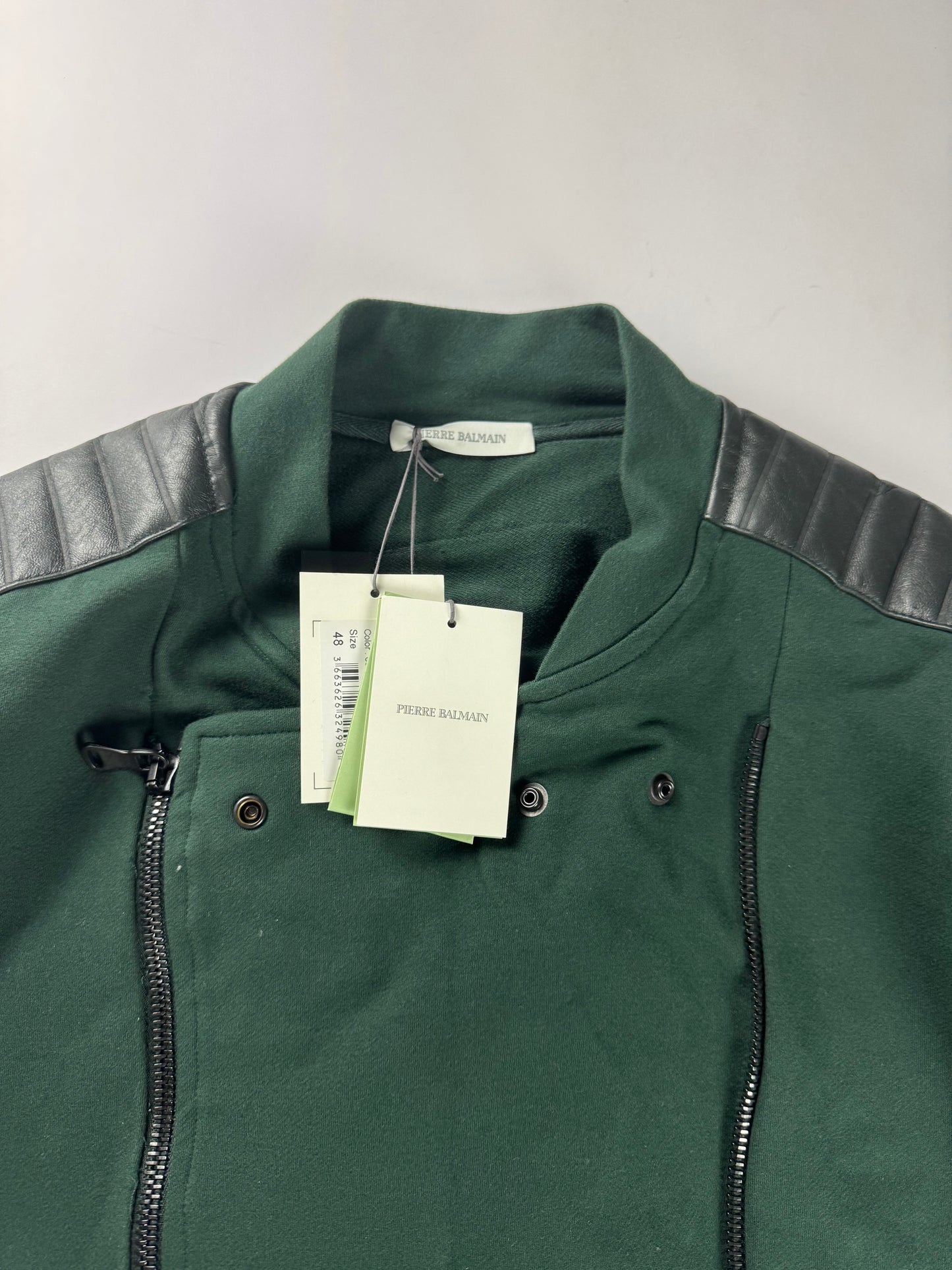 Pierre Balmain Leather Padded Shoulder Double Side Zip Green Biker Jacket - M