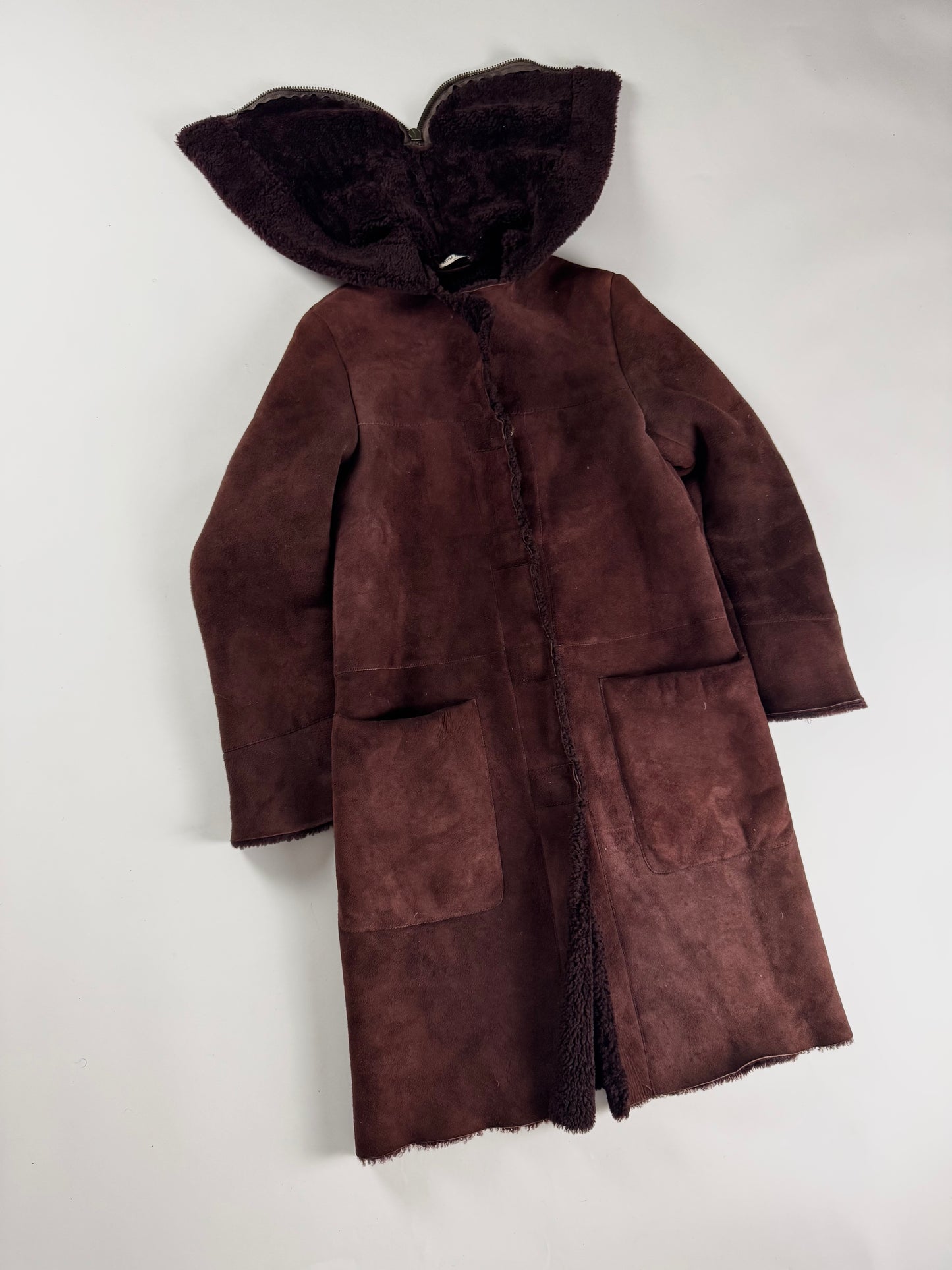 Miu Miu Wine Red Half Open Sherpa Hood Shearling Coat 2000s - XS