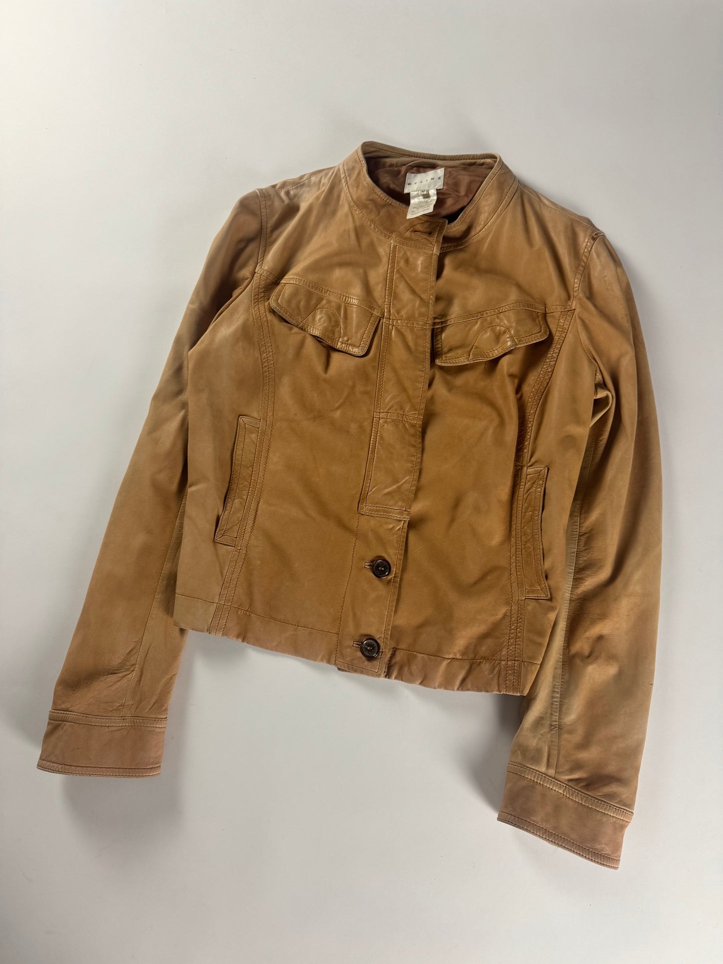 Celine Camel Faded Leather Button Up Rider Jacket 2000s - M
