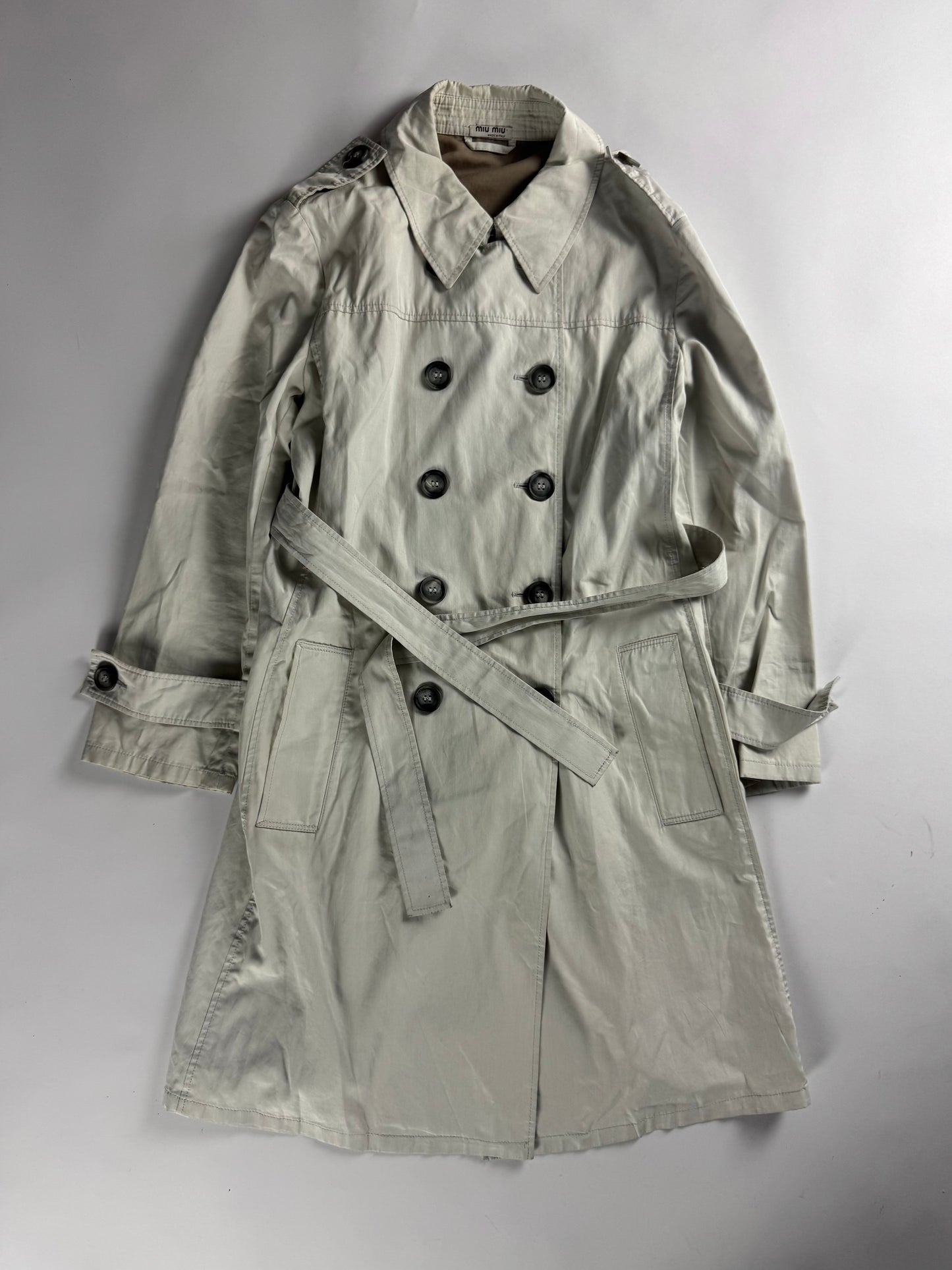Miu Miu Light Grey Belted Trench Coat 2000s - S
