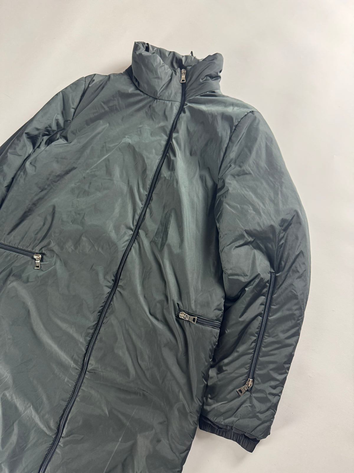 Prada Linea Rossa Long Dark Green Asymmetric Zipper Puffer Jacket FW 1999 - S