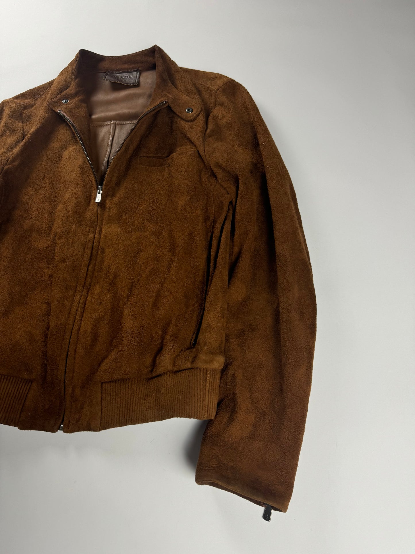 Prada Sample Havana Brushed Suede Canvas Leather Moto Jacket FW 2013 - M