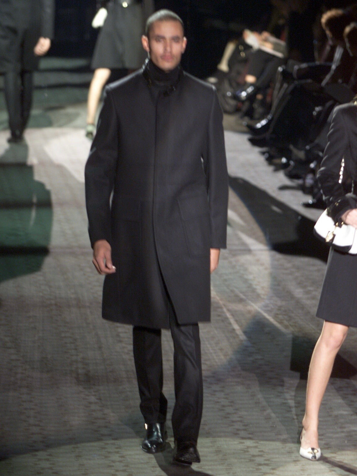 Gucci Black Wool Leather Belt Collar Long Coat FW 2000 - M