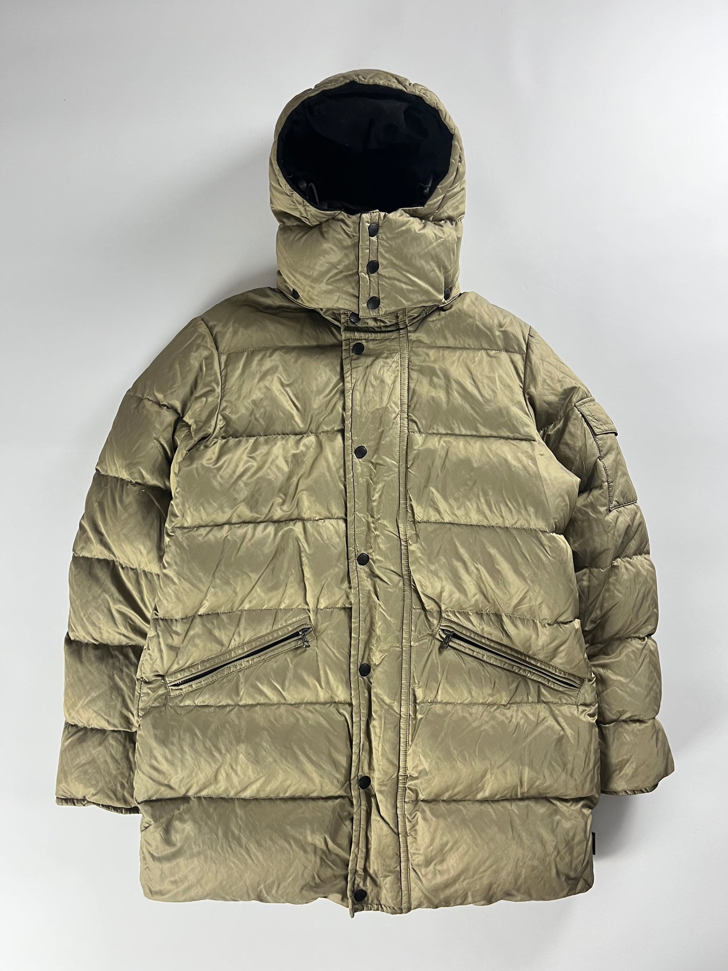 Moncler Camel Bright Metallic Long Down Jacket - XL