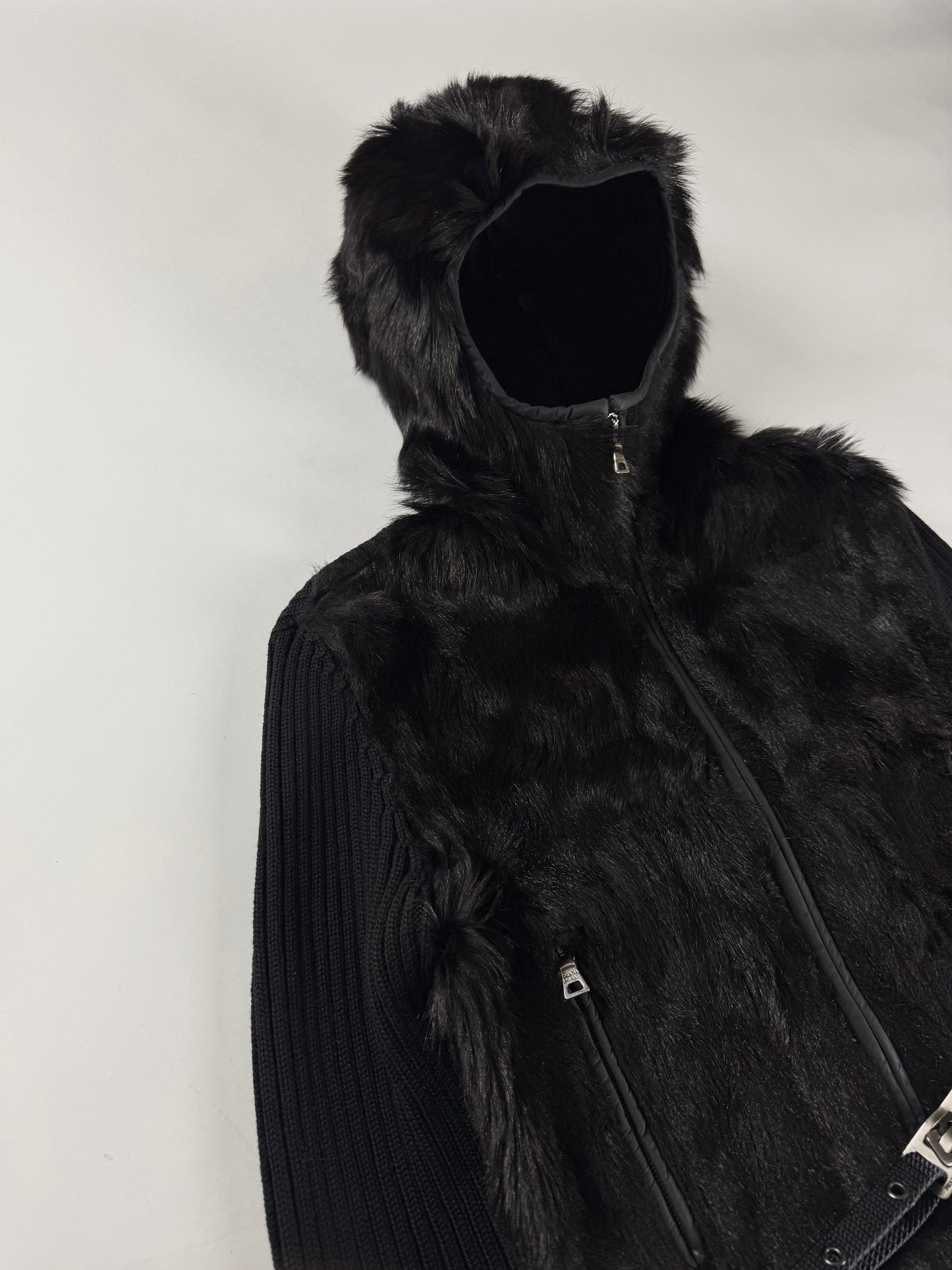 Prada Hooded Kid Fur Balaclava Wool Belted Jacket FW 1999 - S