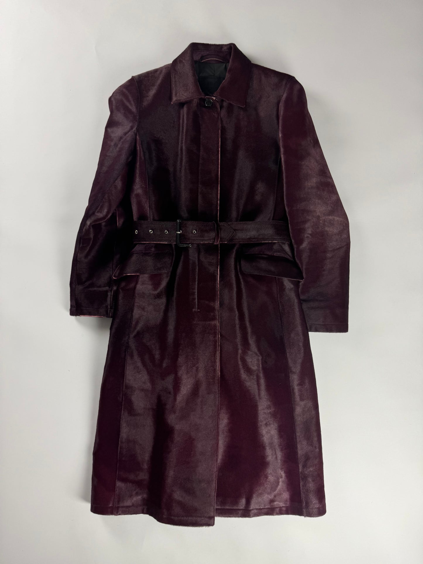 Prada Wine Bordeaux Leather Belted Pony Hair Leather Coat FW 2000 - XS