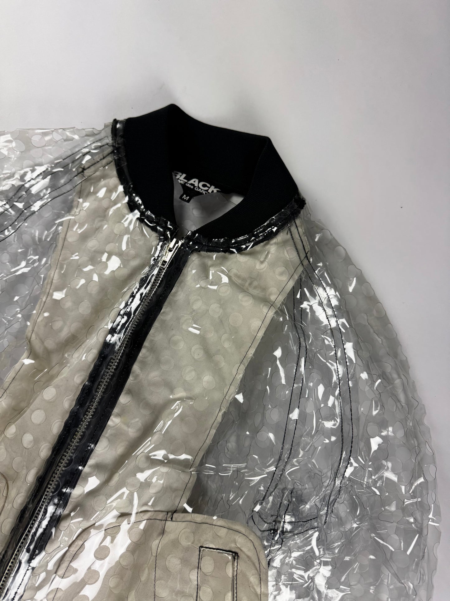 Comme des Garçons BLACK Clear PVC Transparent Polka Dot Lining Black Ribbed Trim Bomber Jacket 2020s - M