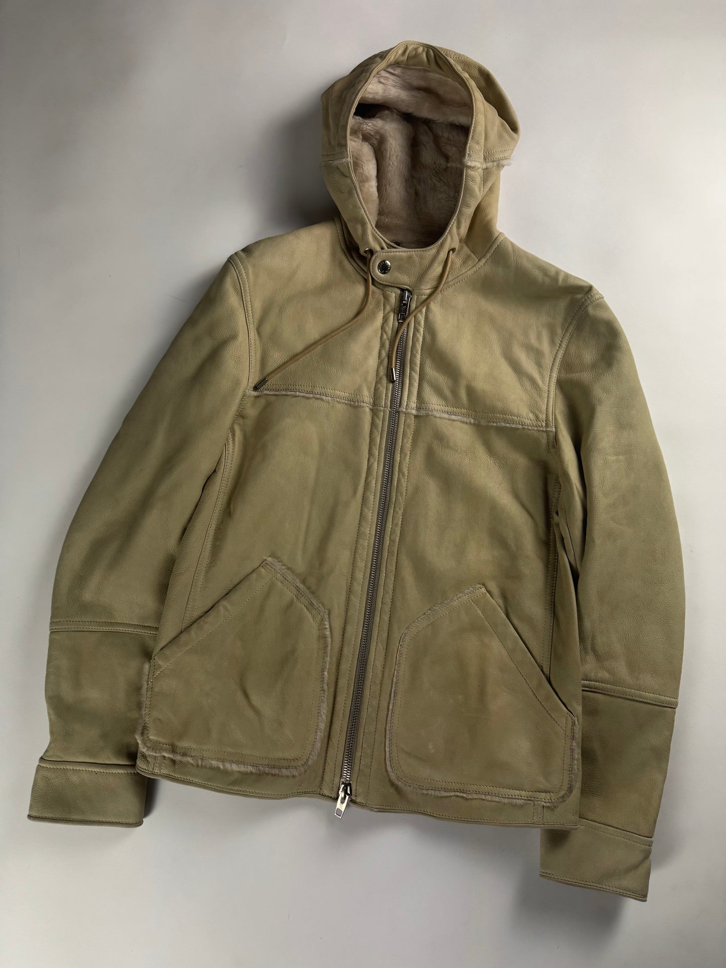 Louis Vuitton Cream Shearling Leather Full Zip Hooded Jacket FW 2006 - M