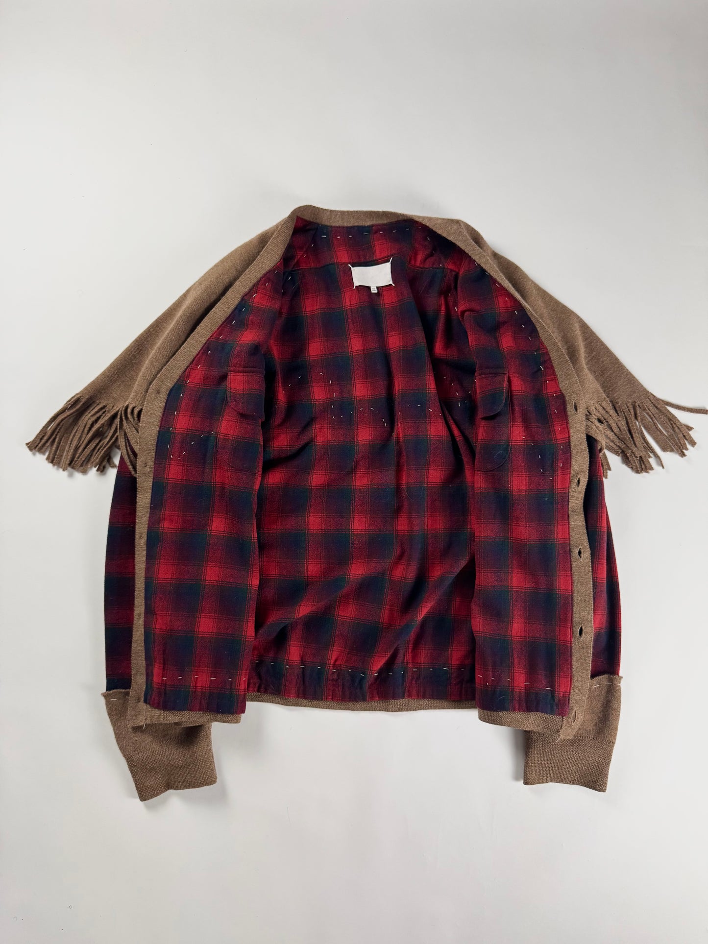 Maison Margiela x Pendleton Red Tartan Plaid Tan Knit Western Fringe Cardigan FW 2023 - XXL