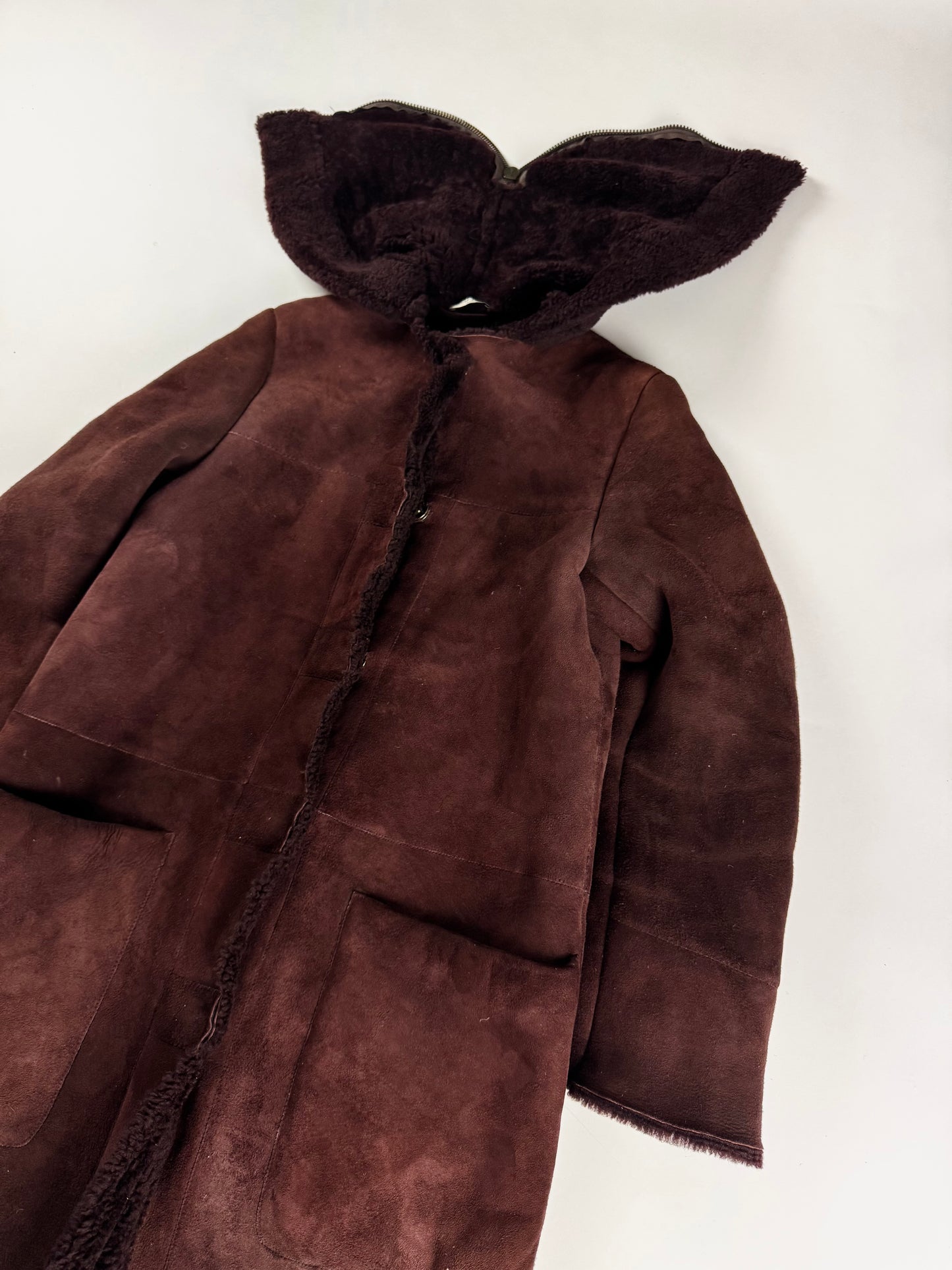 Miu Miu Wine Red Half Open Sherpa Hood Shearling Coat 2000s - XS