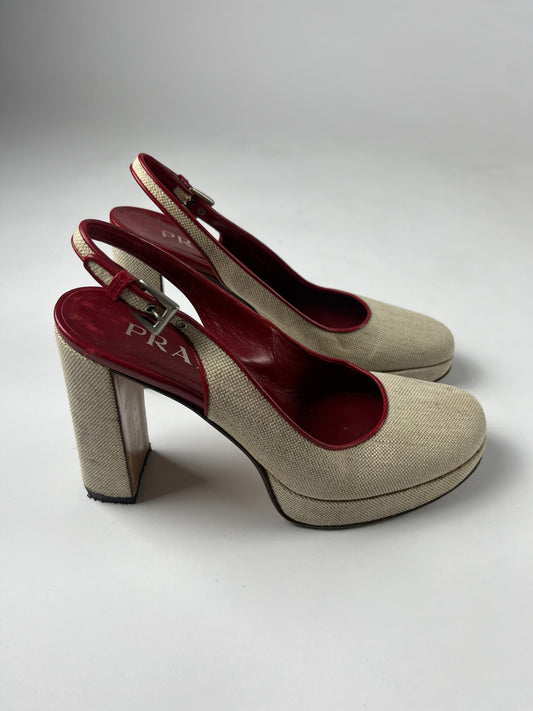 Prada Linen Inside Red Heels SS 1999 - 38 IT/39 EU