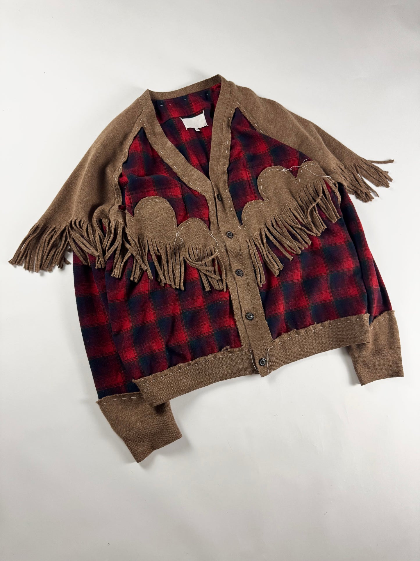 Maison Margiela x Pendleton Red Tartan Plaid Tan Knit Western Fringe Cardigan FW 2023 - XXL