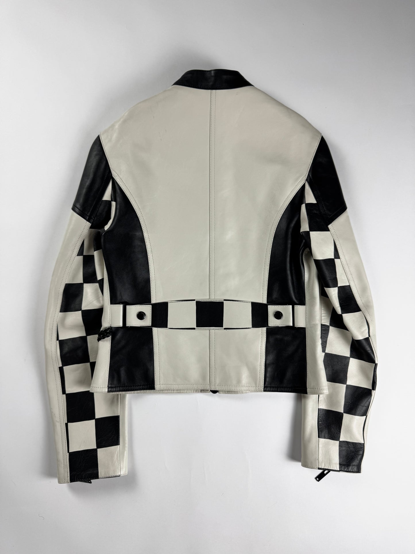 Louis Vuitton Sample White Leather Black Multi Patch Logo Badge Racer Jacket FW 2017 - S