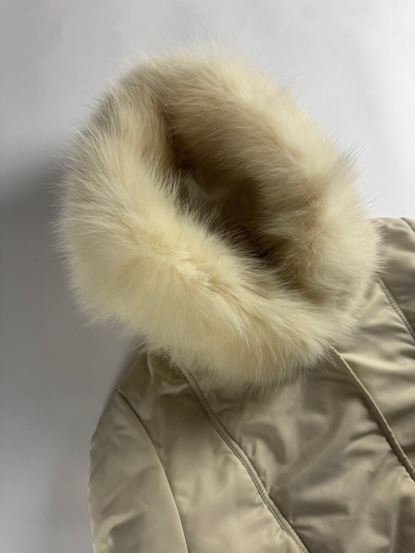 Miu Miu Cropped Cream Fur Hood Puffer Jacket 2000s - S