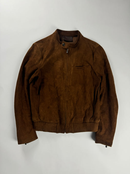 Prada Sample Havana Brushed Suede Canvas Leather Moto Jacket FW 2013 - M