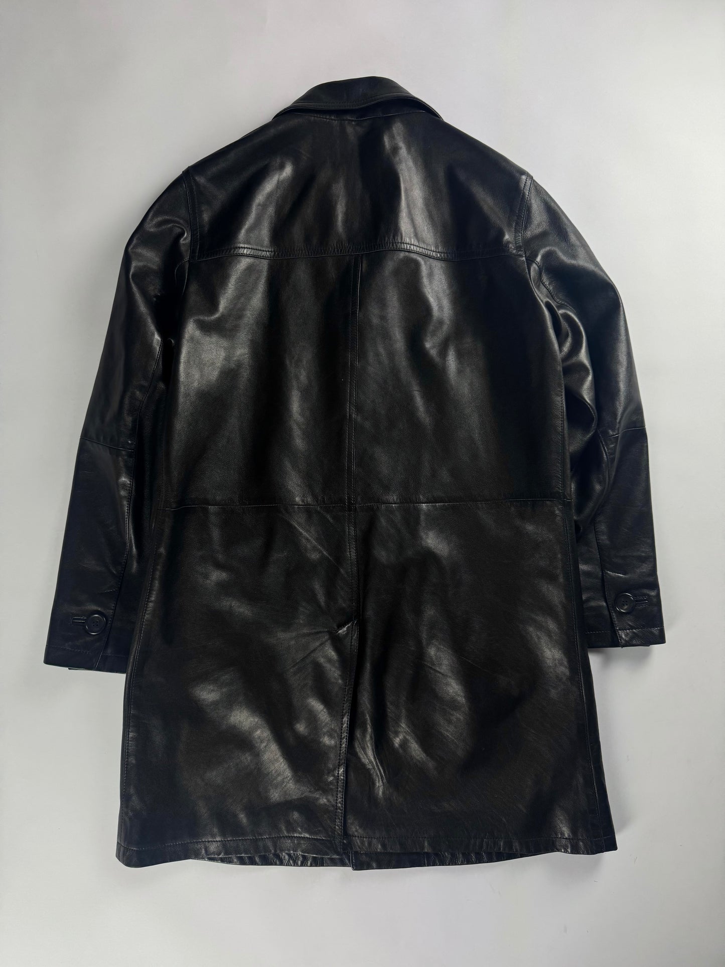Prada Pure Black Buttoned Minimalist Leather Long Coat FW 2001 - L