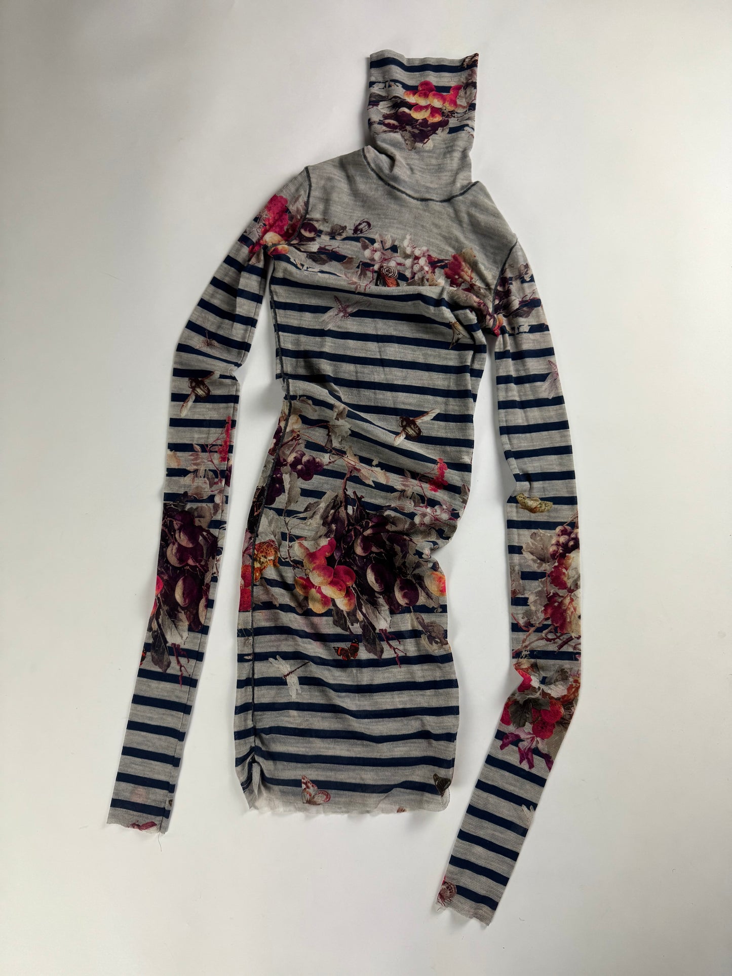 Jean Paul Gaultier Grey Mesh Floral Graphic Striped Mini Dress 1990s - XS