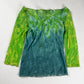 Jean Paul Gaultier Acid Green Teal Ombre Tie Dye Scoop Neck Lettuce Hem Mesh Top 2000s - S