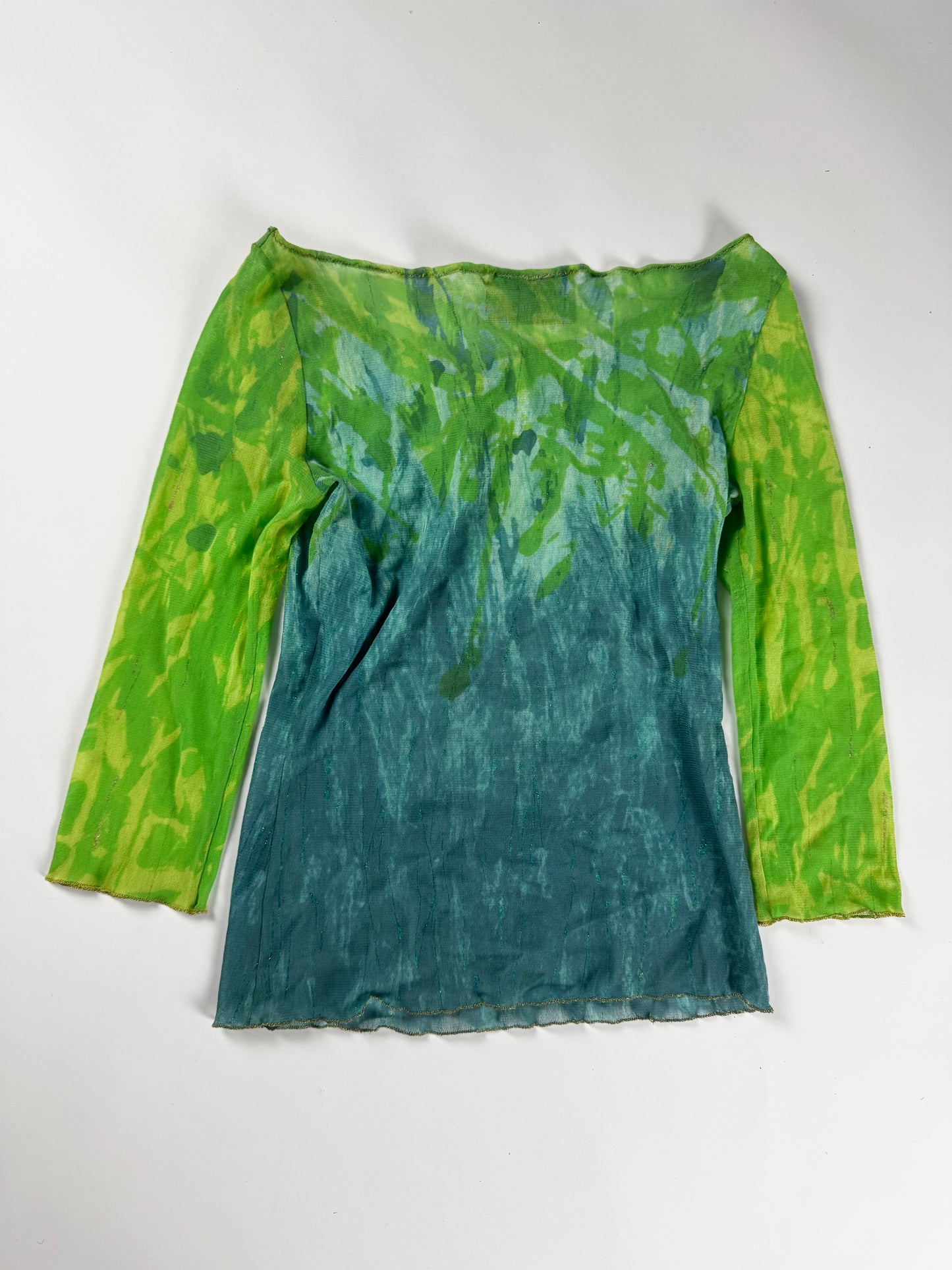 Jean Paul Gaultier Acid Green Teal Ombre Tie Dye Scoop Neck Lettuce Hem Mesh Top 2000s - S