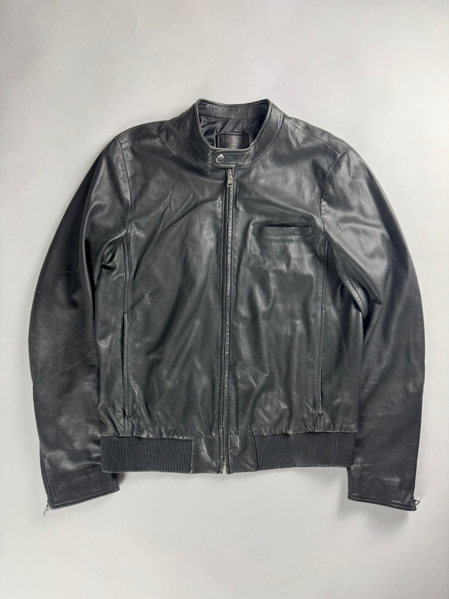 Prada Dark Grey Smooth Leather Minimalist Side Pocket Moto Jacket FW 2012 - M