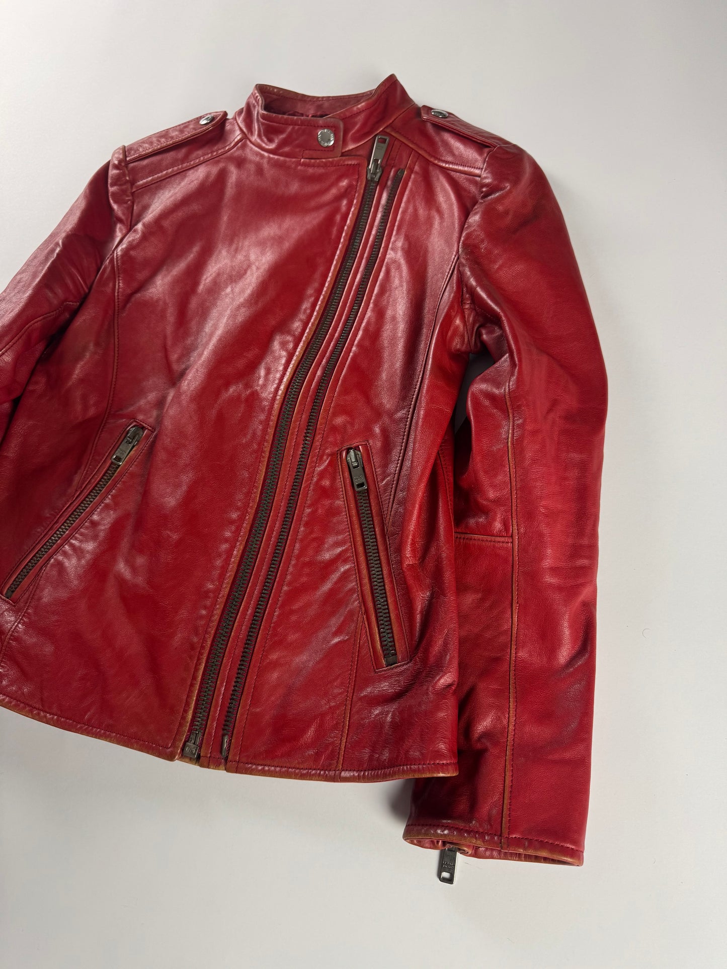 Prada Red Leather Perfecto Asymmetrical Moto Jacket - XS