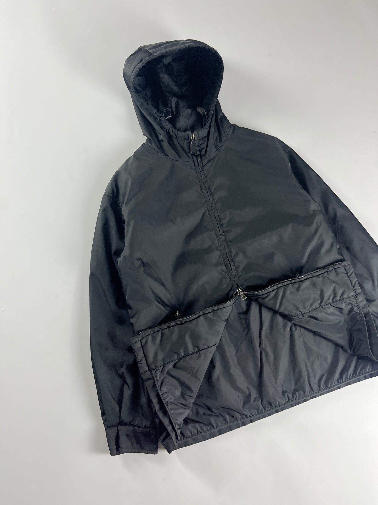 Prada Minimalist Black Nylon Double Zip Hooded Jacket 2000s - S