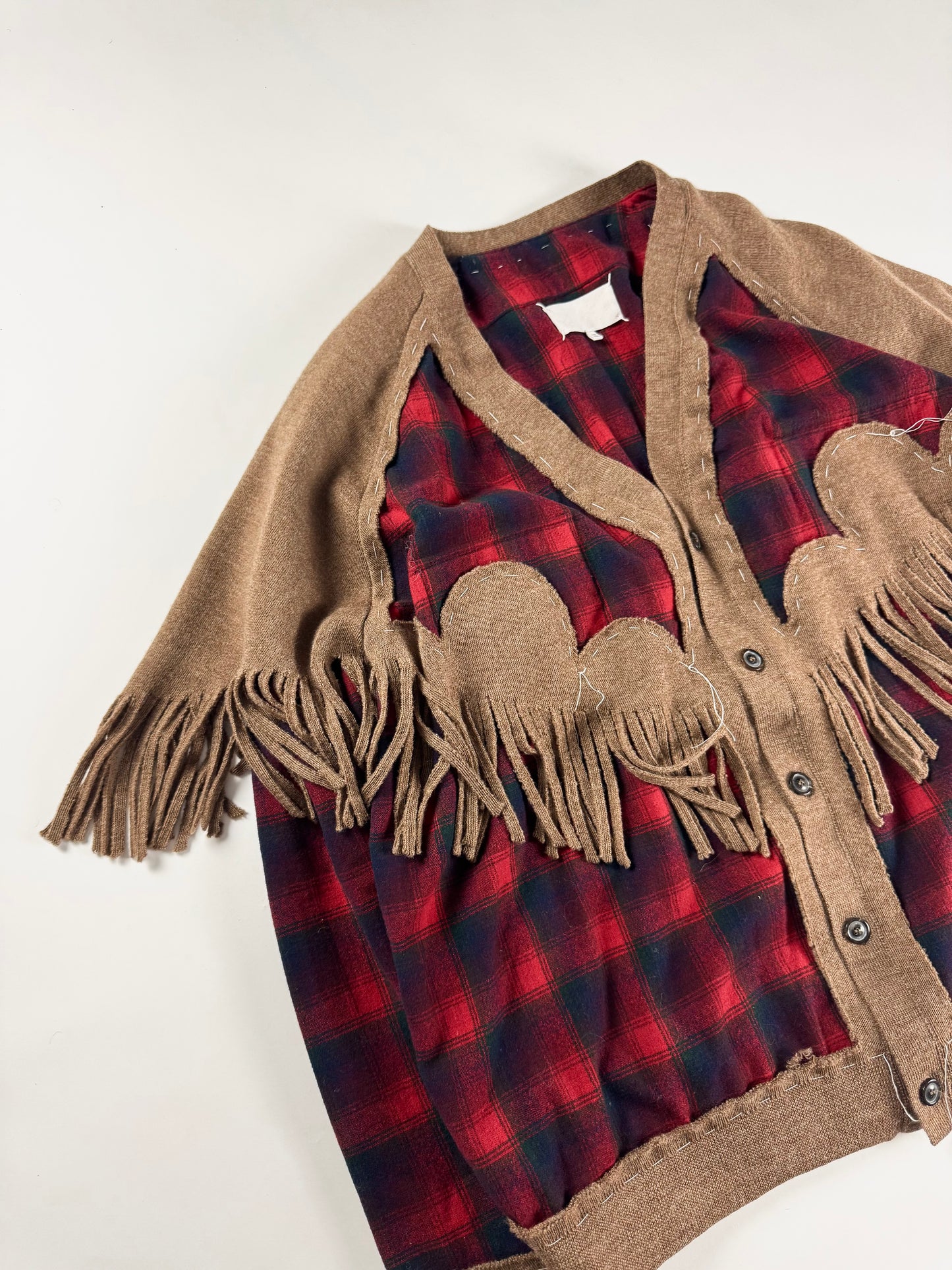 Maison Margiela x Pendleton Red Tartan Plaid Tan Knit Western Fringe Cardigan FW 2023 - XXL