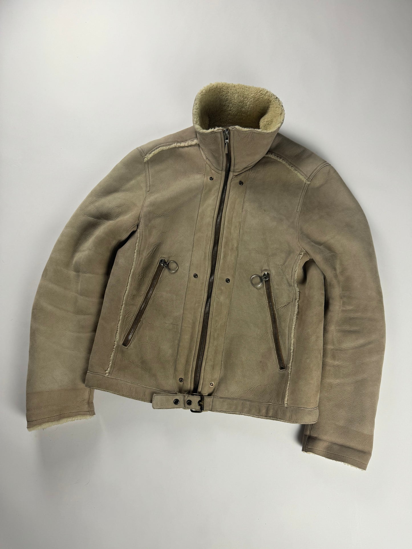 Prada Shearling Fur Lined Belted Aviator Jacket 2000s - L