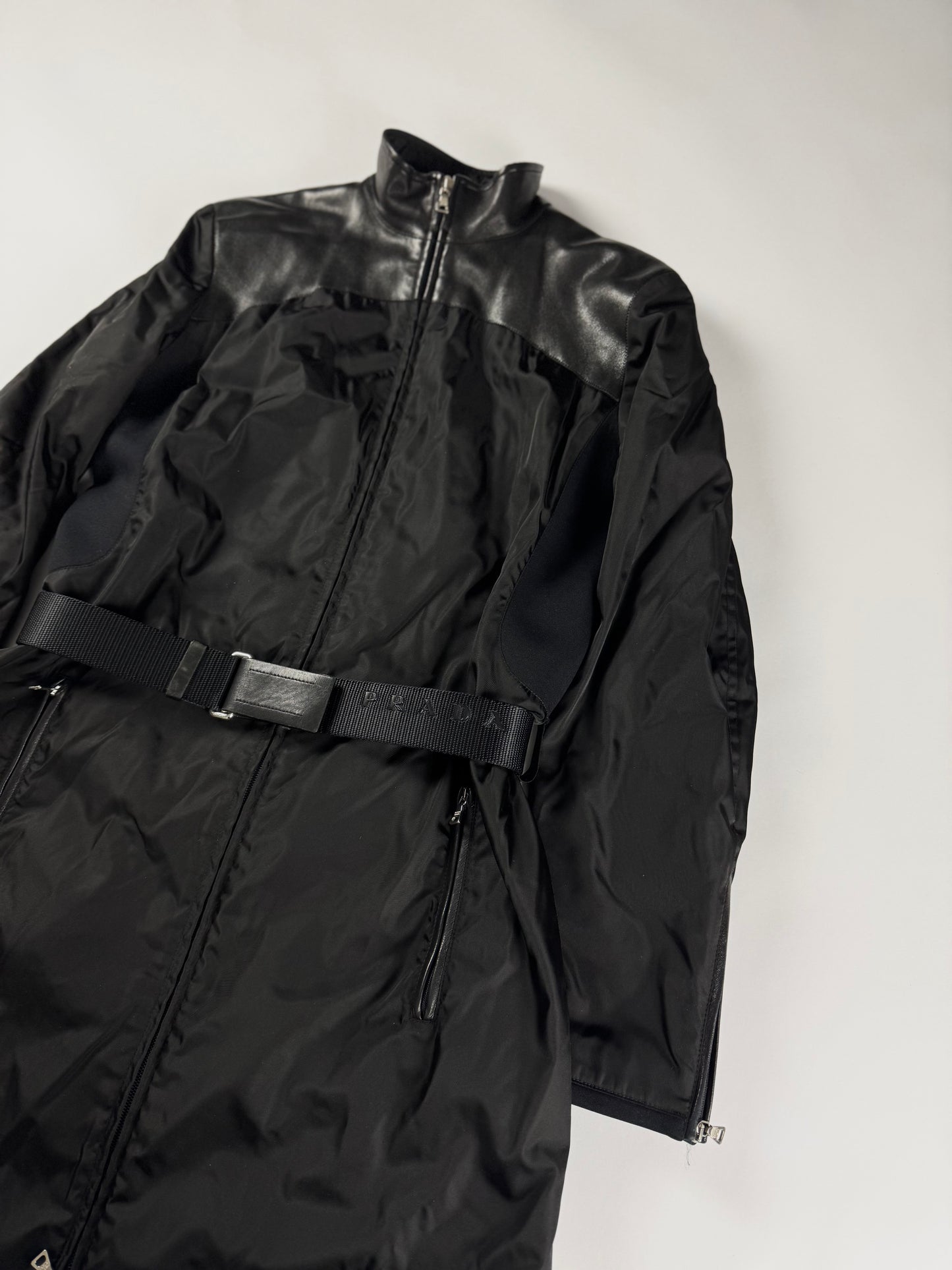 Prada Leather Shoulder Detail Strapped Belted Nylon Hooded Coat FW 1999 - S