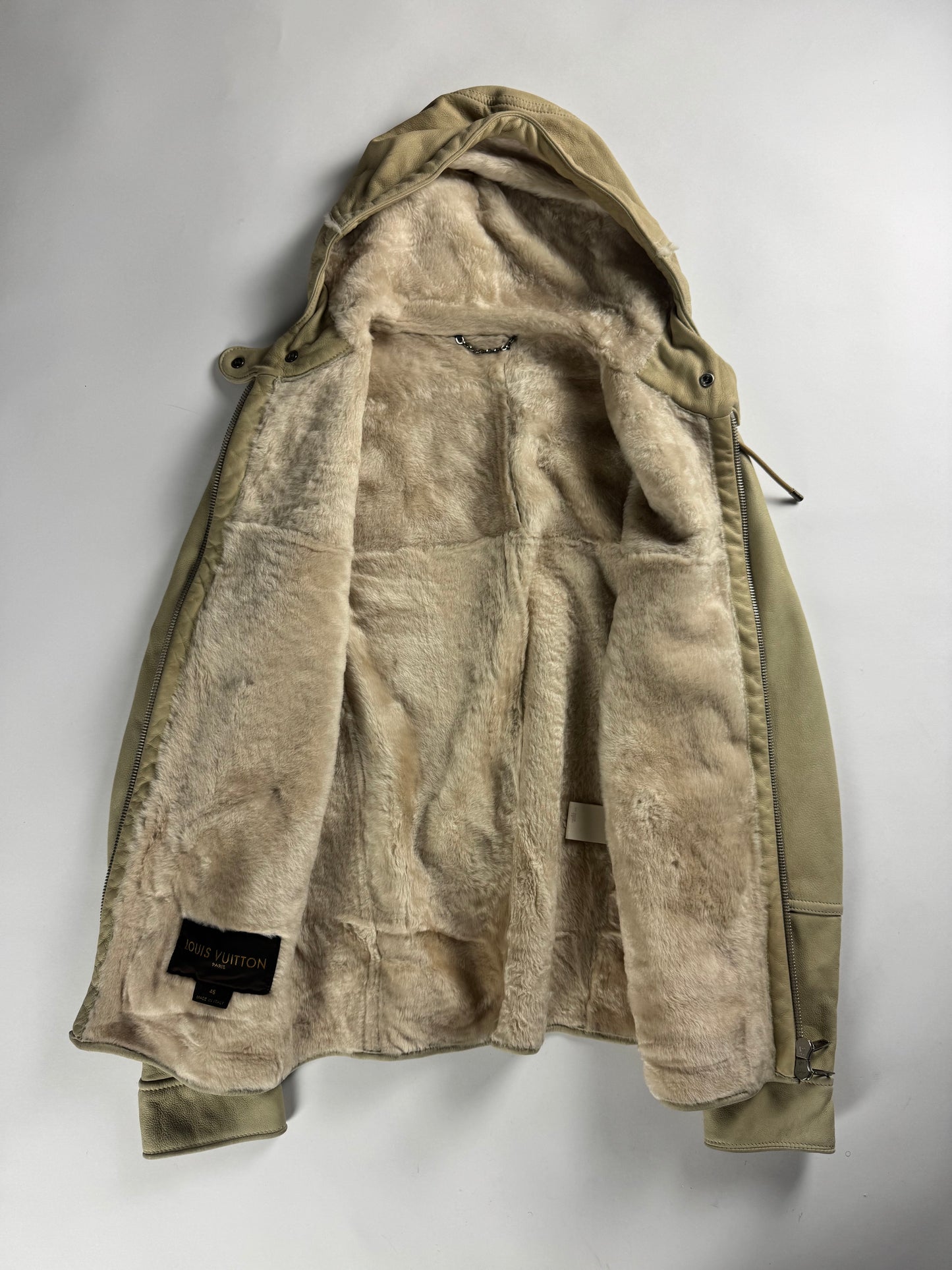 Louis Vuitton Cream Shearling Leather Full Zip Hooded Jacket FW 2006 - M