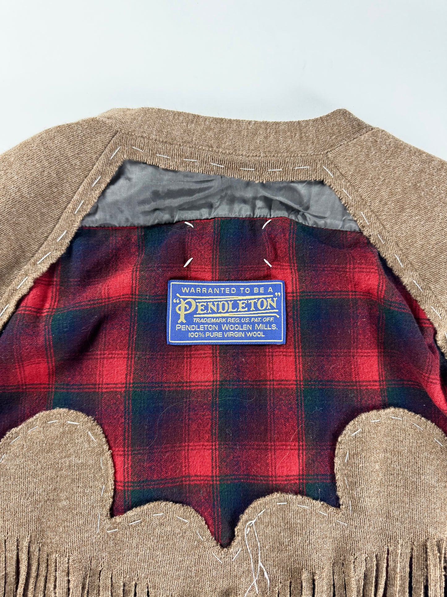 Maison Margiela x Pendleton Red Tartan Plaid Tan Knit Western Fringe Cardigan FW 2023 - XXL