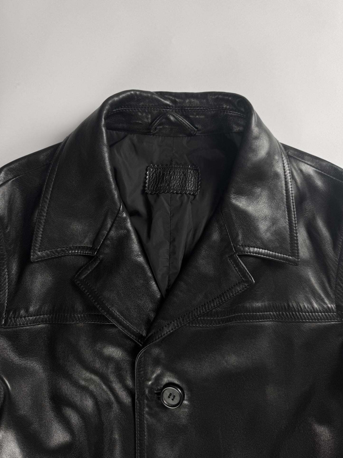 Prada Pure Black Buttoned Minimalist Leather Long Coat FW 2001 - L