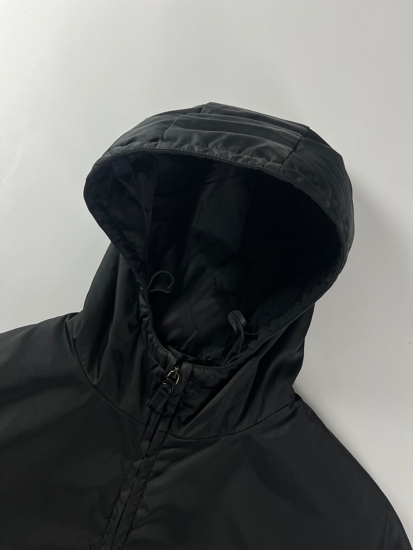 Prada Minimalist Black Nylon Double Zip Hooded Jacket 2000s - S