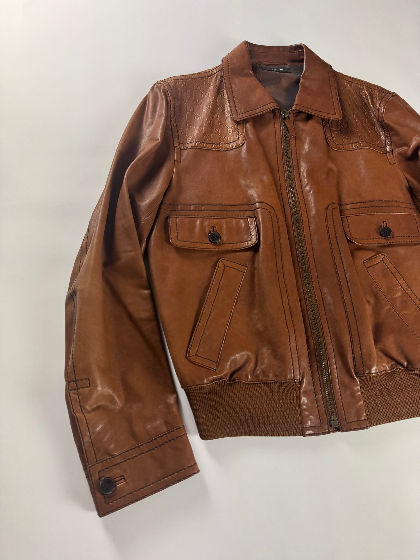 Gucci Tom Ford Camel Brown Monogram Leather Bomber Jacket 2000s - XL