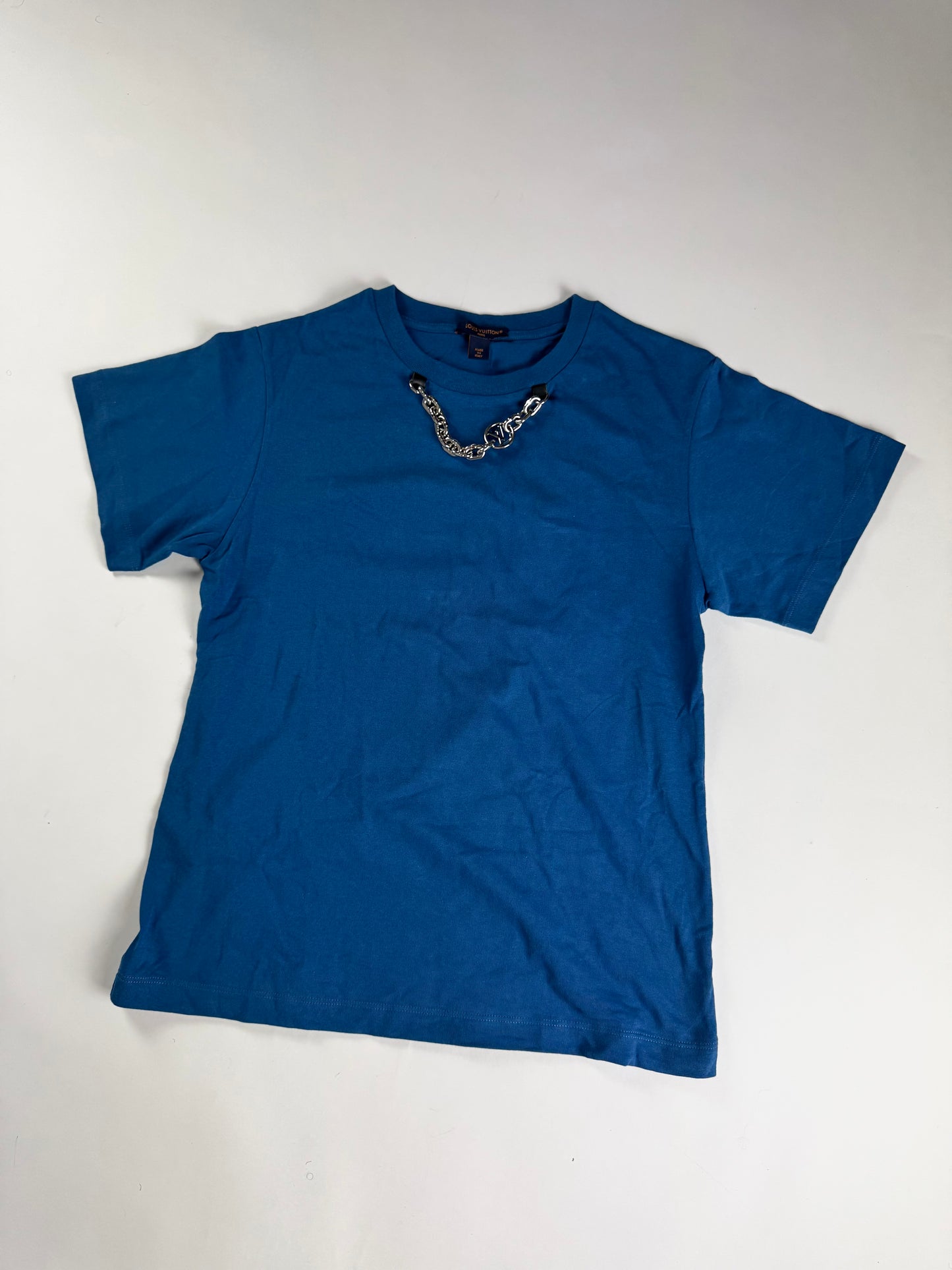 Louis Vuitton Sample Royal Blue Cotton Attached Silver Chain Neckline Detail Tee Shirt 2010s - M