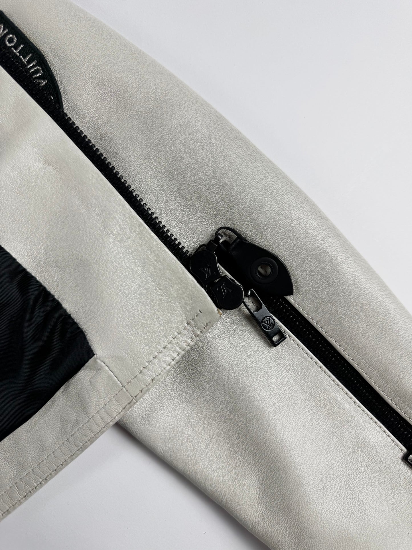 Louis Vuitton Sample White Leather Black Multi Patch Logo Badge Racer Jacket FW 2017 - S
