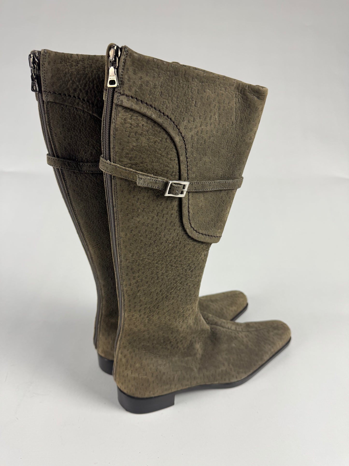 Prada Embossed Leather Pointed Toe Cavalier Belted High Boots FW 2000 - 36 IT/37 EU