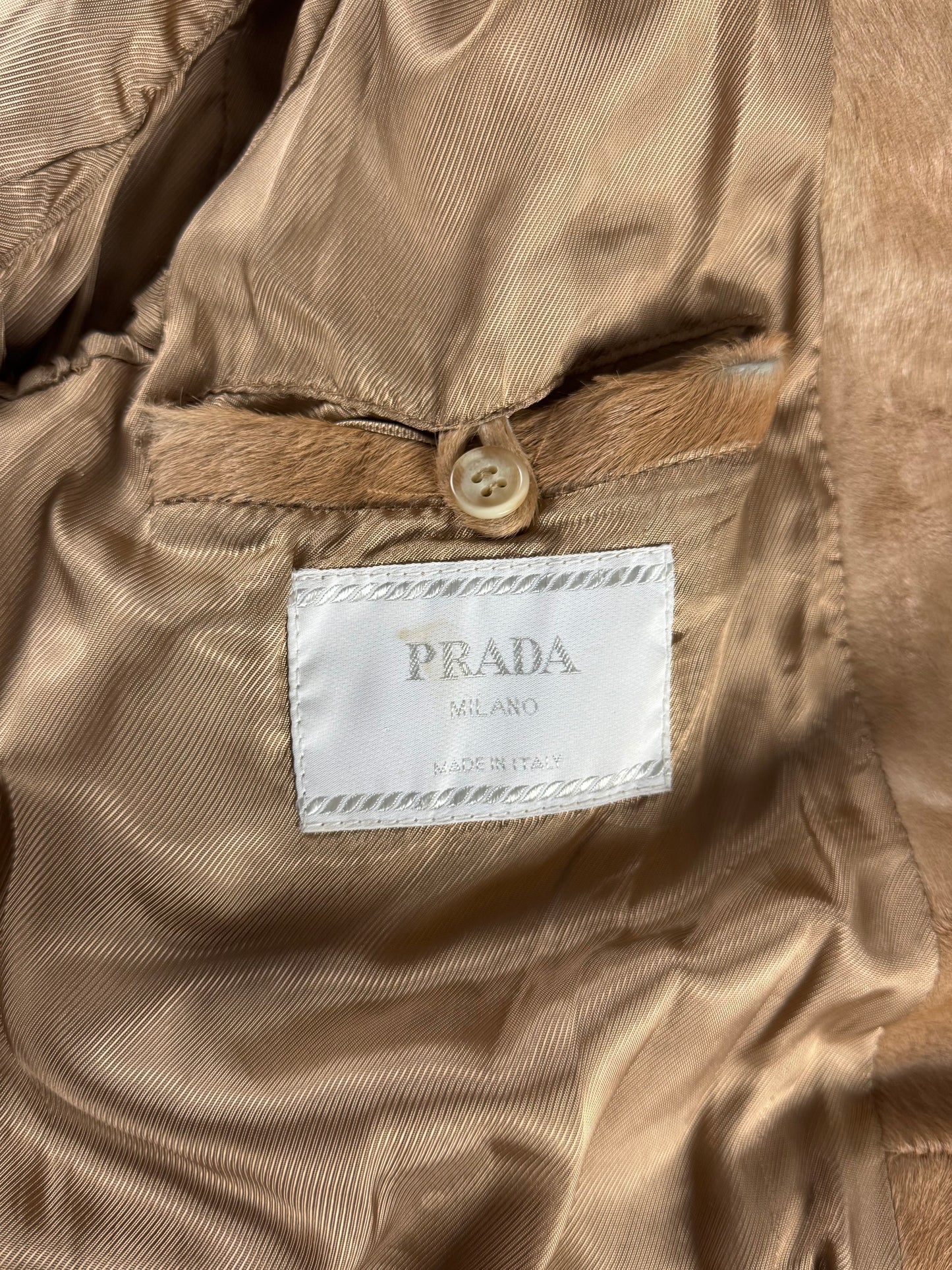 Prada Camel Tawny Double Breasted Pony Hair Leather Coat FW 1996 - M