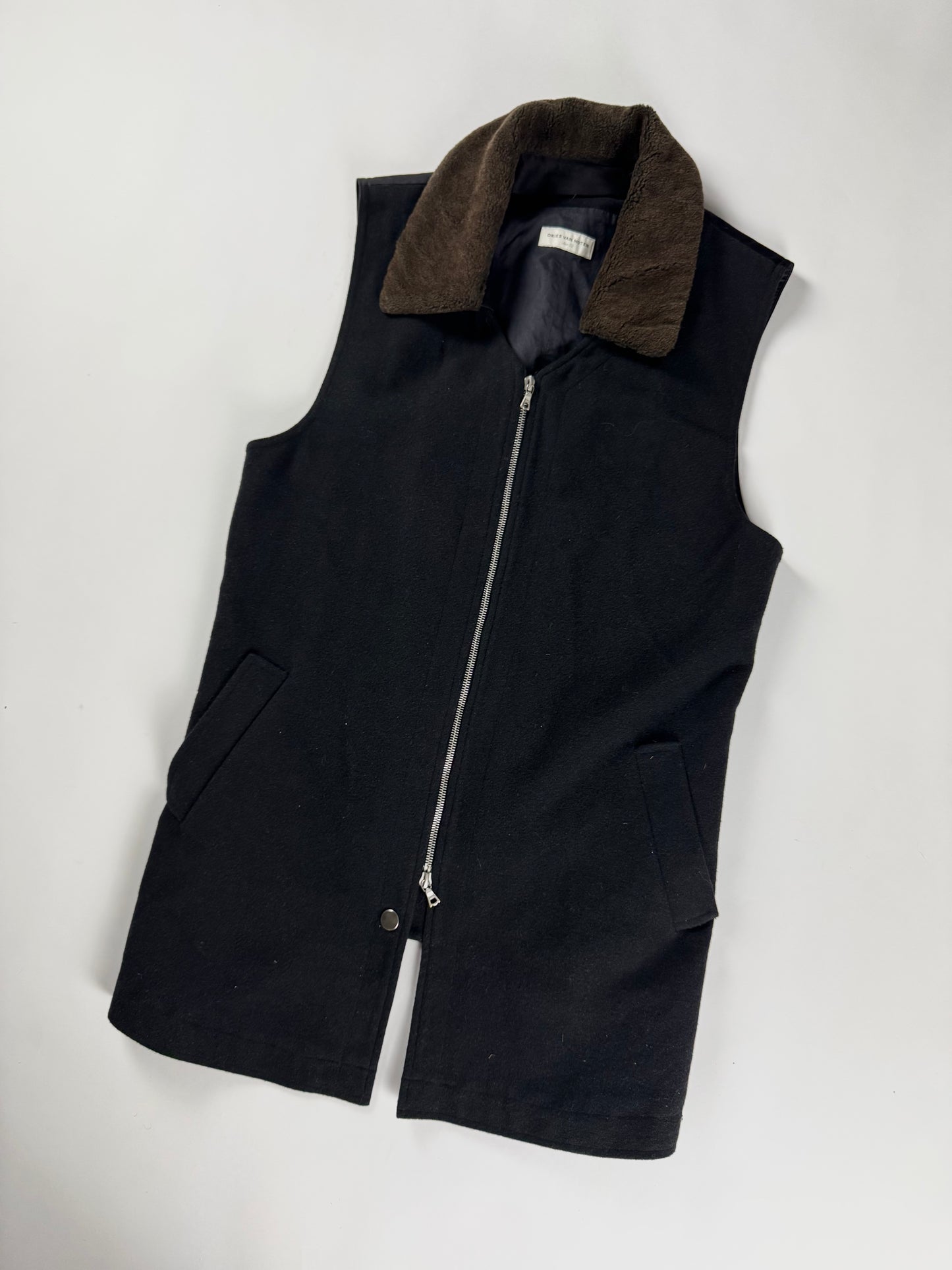 Dries Van Noten Black Wool Gilet Vest Sherpa Effect Collar - M
