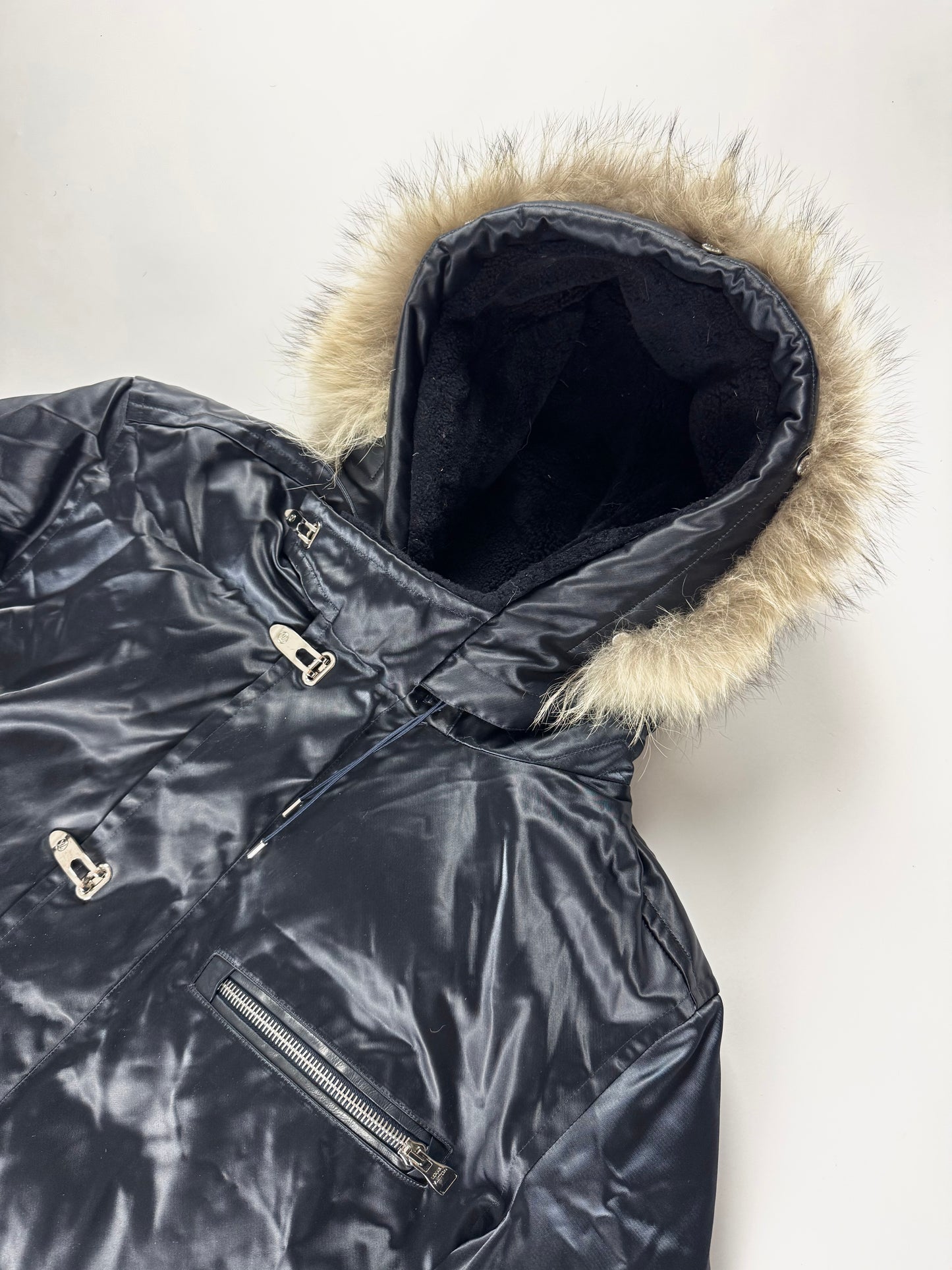 Louis Vuitton Dark Blue Goose Down Belted Parka Fur Hood Coat FW 2012 - XL
